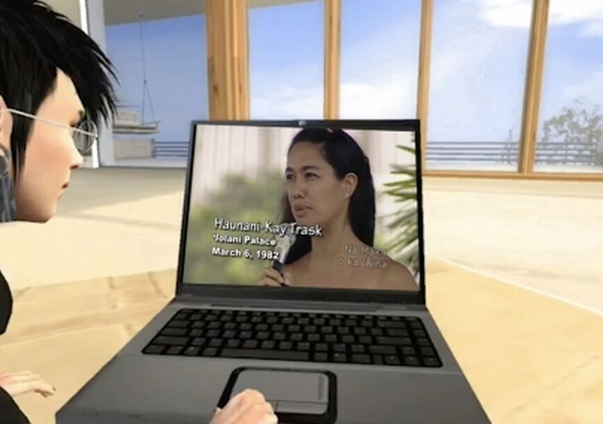 animation still of a person looking at a laptop 