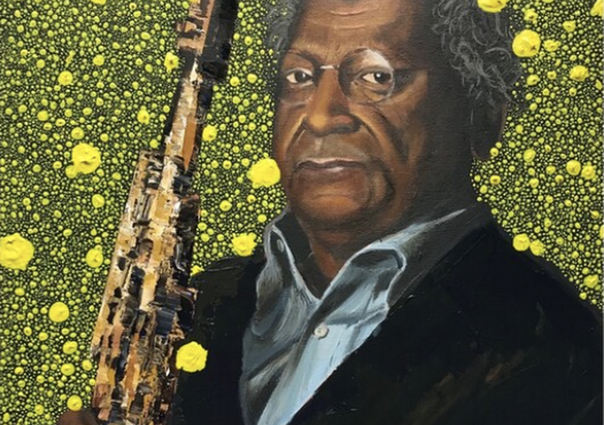 A painting of Anthony Braxton holding an instrument.