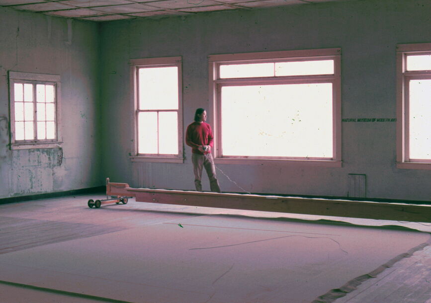 Carl Cheng in his Santa Monica Pier studio with Art Tool Rake (prototype), 1980. Image courtesy of the artist and Philip Martin Gallery, Los Angeles.
