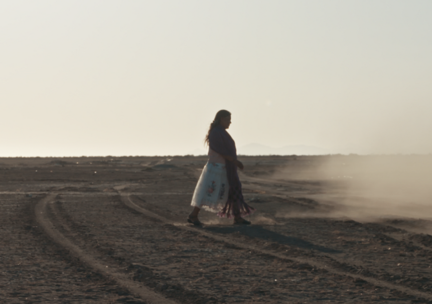 A woman walking across a desert.