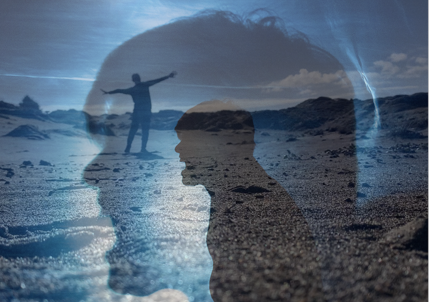 Multiple images of person screaming near the beach