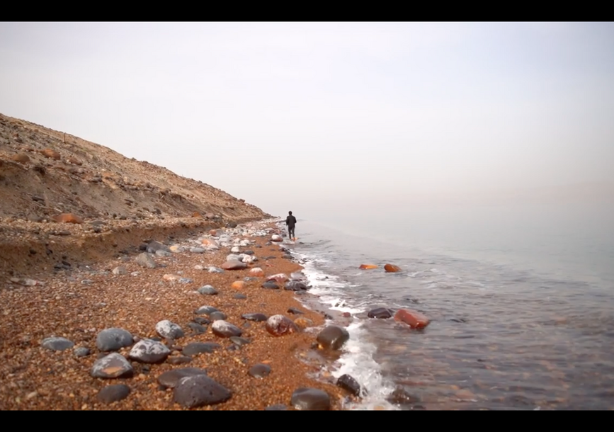 A person walks down a shore.