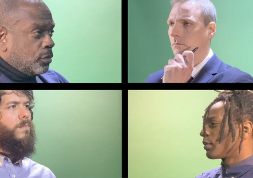 4 men on zoom facing each other against a green screen