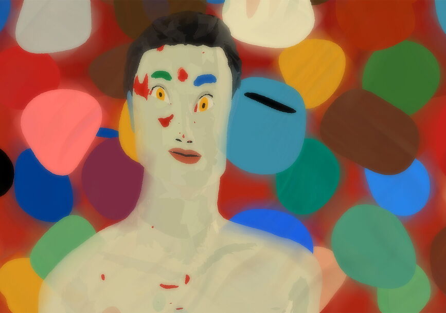 painting of a figure of a man surrounded by blobs of color on a red background