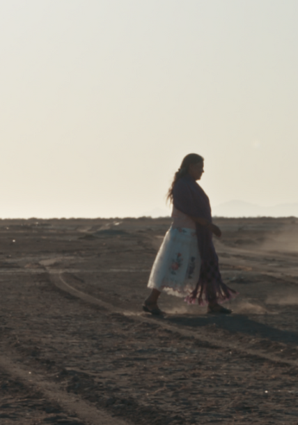 A woman walking across a desert.
