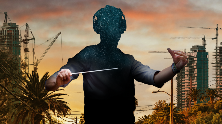 A faceless person holding a conductor's baton and wearing headphones surrounded by a cityscape.