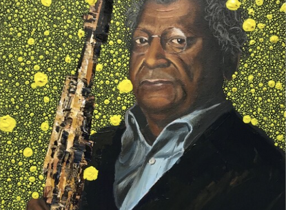 A painting of Anthony Braxton holding an instrument.