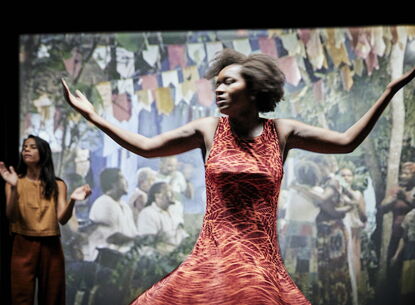 Two women performing onstage in Christiane Jatahy: Depois Do Silêncio (After the Silence).