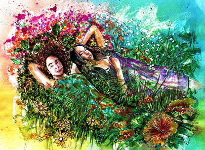 Two women resting on a bed of flowers.
