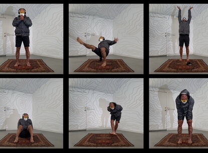 Lionel makes six different poses over a rug.
