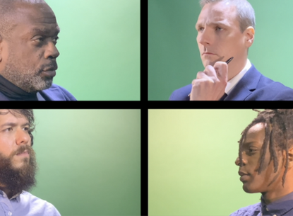 4 men on zoom facing each other against a green screen