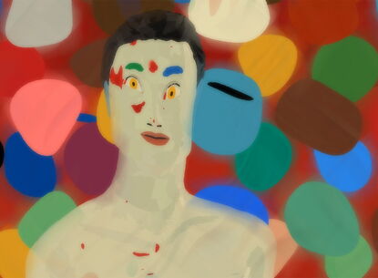 painting of a figure of a man surrounded by blobs of color on a red background